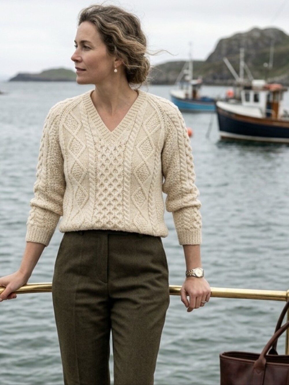 Kelly Knitwear Handknit Aran Wool Sweater V-Neck Cream Ireland Vintage Women S
